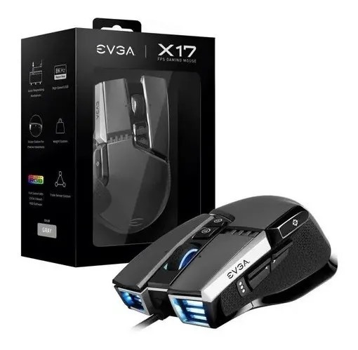 MOUSE GAMER EVGA X17 GREY, 8K, WIRED, CUSTOMIZABLE, 16,000 DPI, 5 PROFILES, 10 BUTTONS, ERGONOMIC