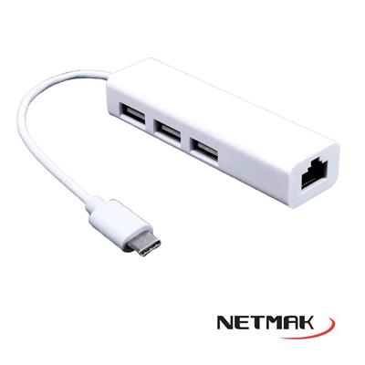 HUB USB TIPO C A 3 USB 2.0 + RJ45 NETMAK NM-TC40